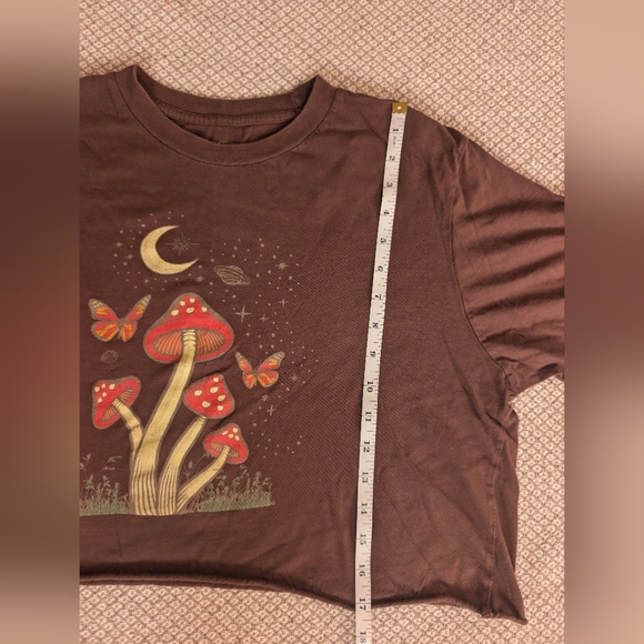 Whimsical Brown Crop Top with Mushroom and Butterfly Design - Picture 8 of 8